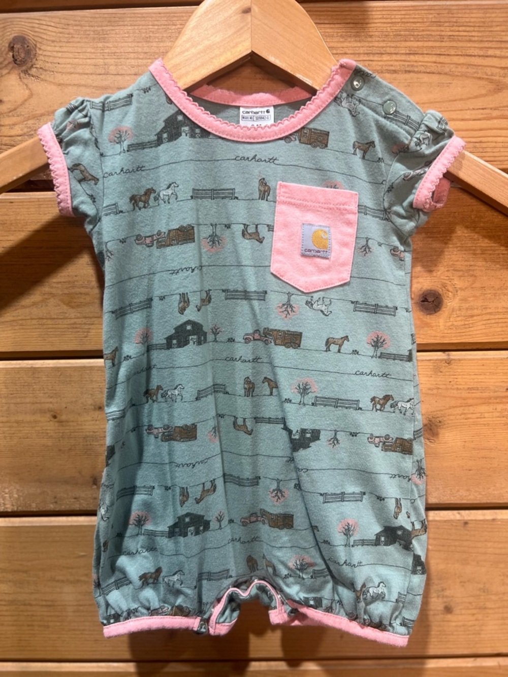 Carhartt Farm Scene Romper Horses Barn Pink Pocket 9M Baby